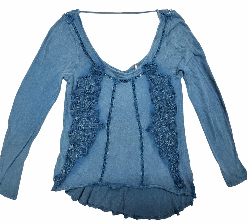 Free People Womens M Blue Floral Applique Open Back Boho Hi Low Long Sleeve Top